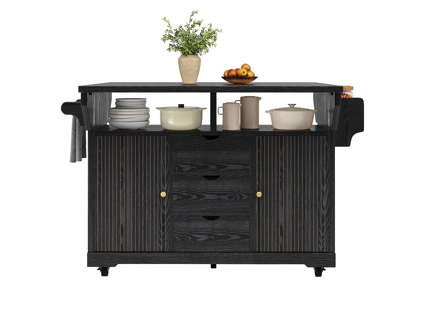 Mobile Kitchen Cart 142.5cm - Central Island with Foldable Extensions, Ergonomic Height 95cm, Integrated Storage - Black