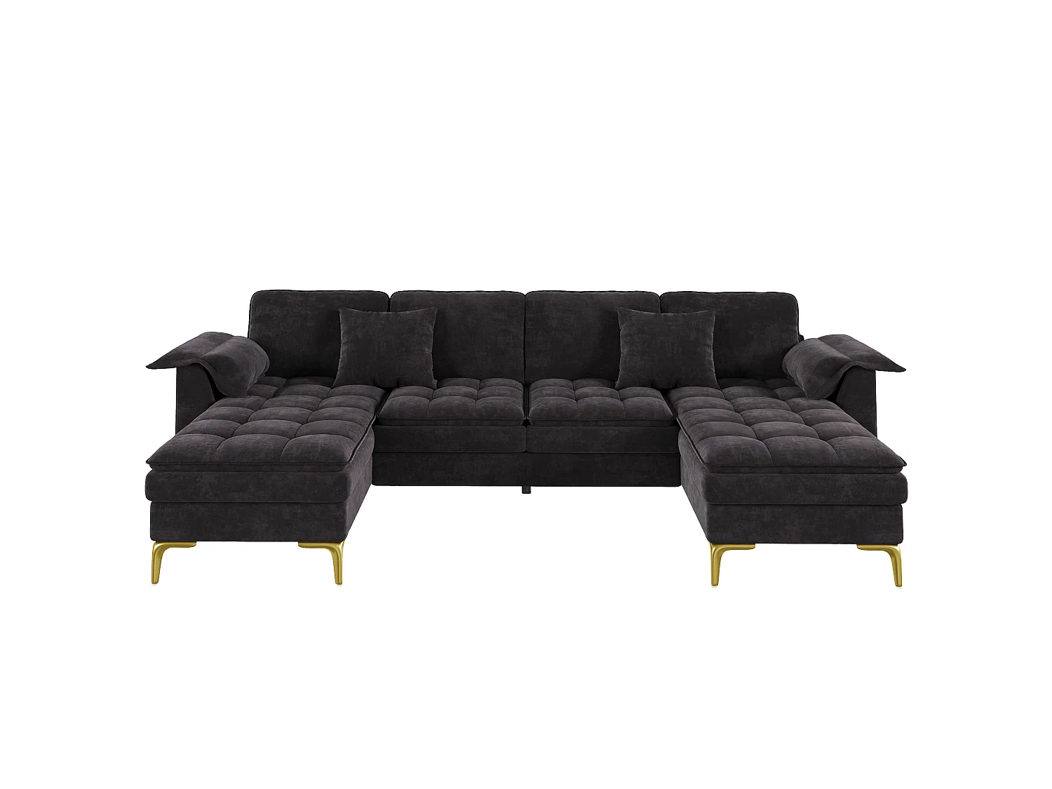 U-formad hörnsoffa - 4 platser - med 2 chaise longues - 2 kuddar - ben i guldmetall - svart