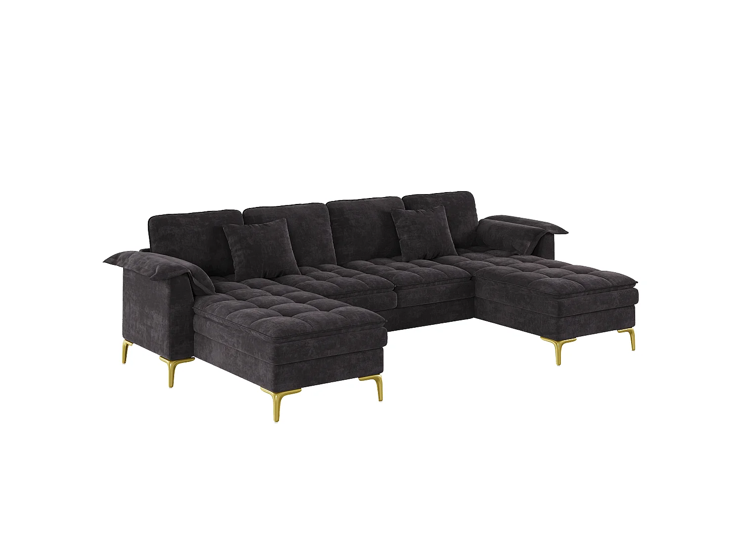 U-formad hörnsoffa - 4 platser - med 2 chaise longues - 2 kuddar - ben i guldmetall - svart