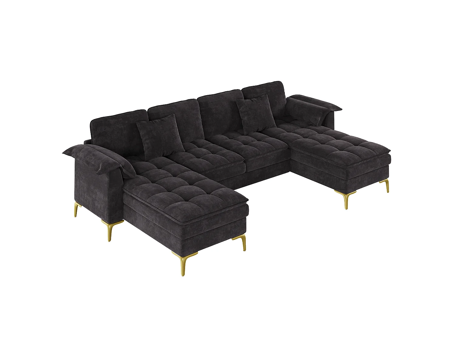U-formad hörnsoffa - 4 platser - med 2 chaise longues - 2 kuddar - ben i guldmetall - svart