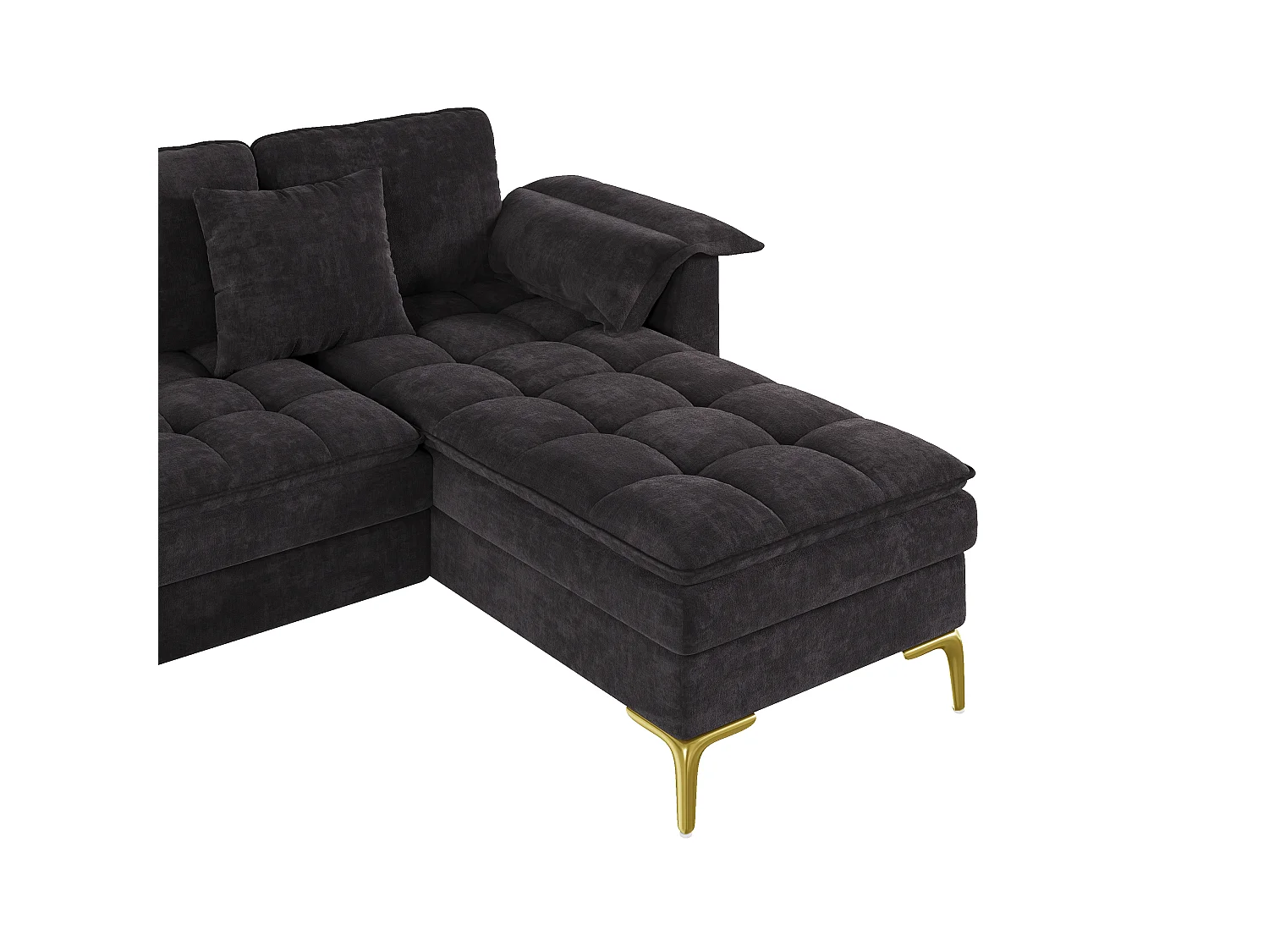 U-formad hörnsoffa - 4 platser - med 2 chaise longues - 2 kuddar - ben i guldmetall - svart