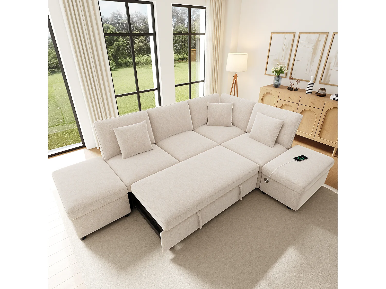 Canapé-lit modulable en L - 4 places - avec repose-pieds de rangement - avec interface USB/Type-C - avec 3 coussins - beige