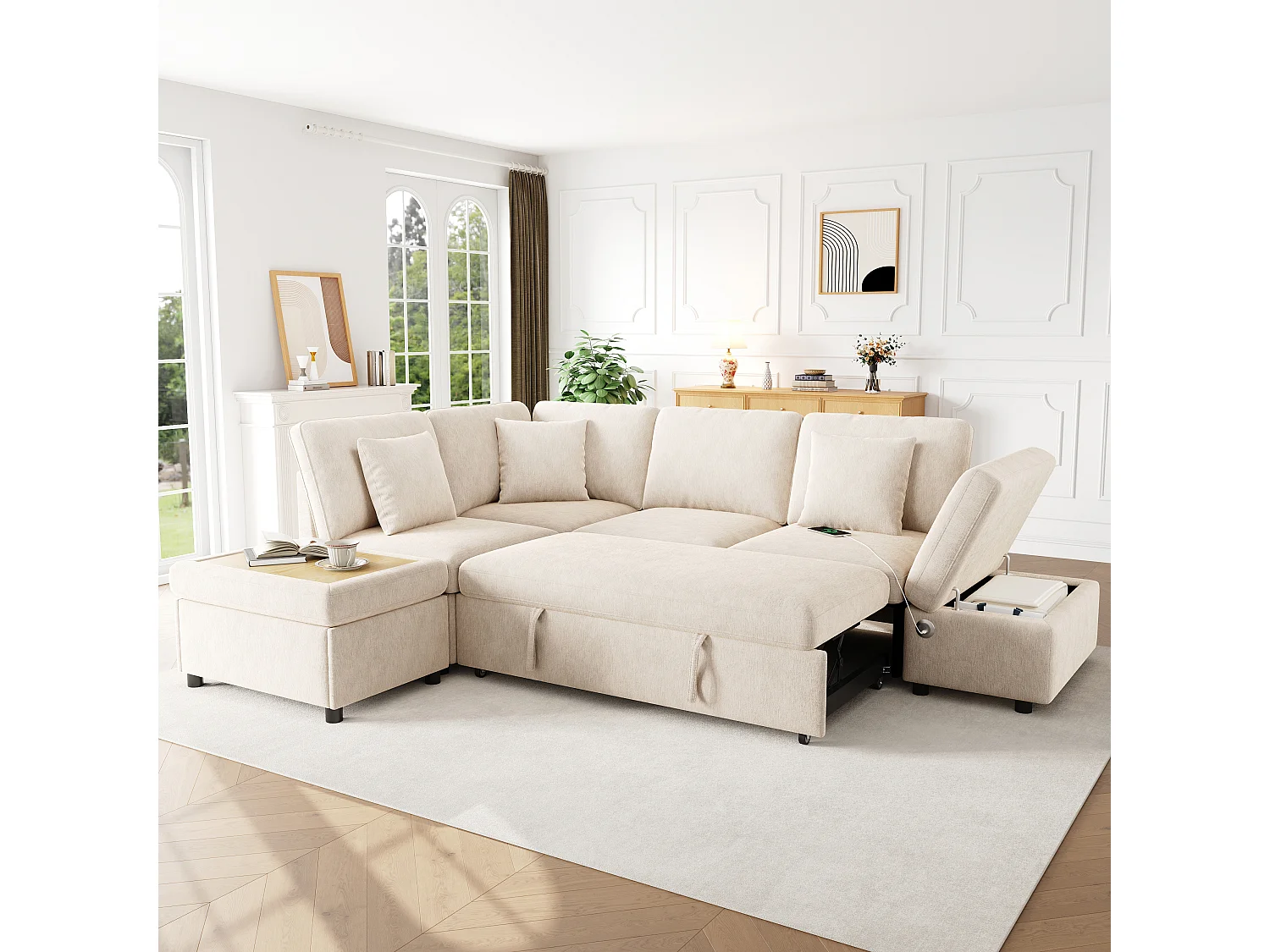 Canapé-lit modulable en L - 4 places - avec repose-pieds de rangement - avec interface USB/Type-C - avec 3 coussins - beige