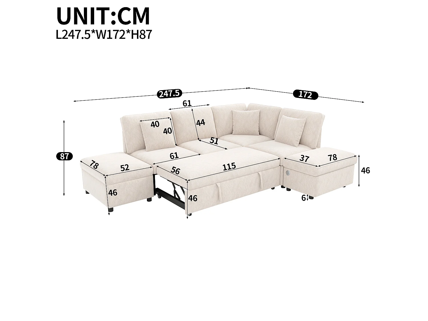 Canapé-lit modulable en L - 4 places - avec repose-pieds de rangement - avec interface USB/Type-C - avec 3 coussins - beige