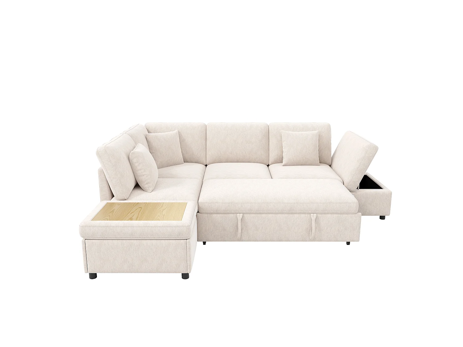 Canapé-lit modulable en L - 4 places - avec repose-pieds de rangement - avec interface USB/Type-C - avec 3 coussins - beige