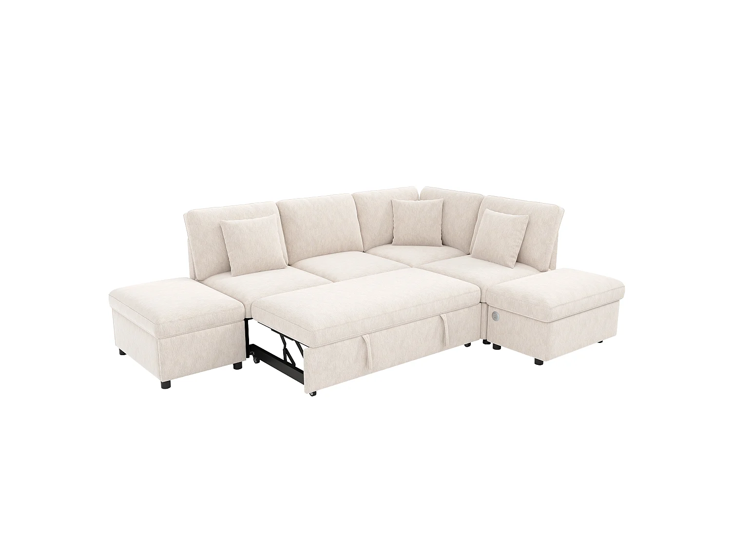 Canapé-lit modulable en L - 4 places - avec repose-pieds de rangement - avec interface USB/Type-C - avec 3 coussins - beige