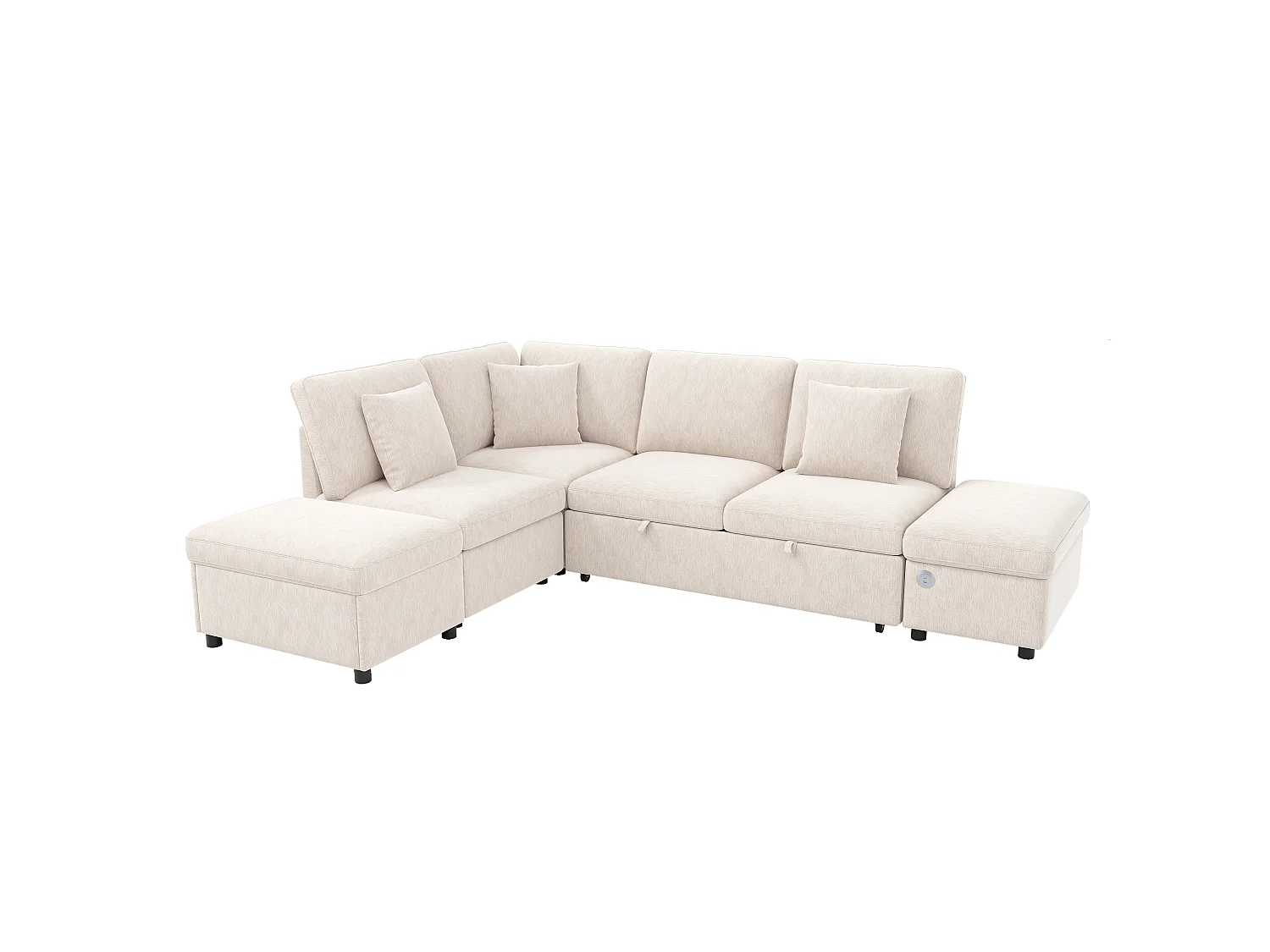 Canapé-lit modulable en L - 4 places - avec repose-pieds de rangement - avec interface USB/Type-C - avec 3 coussins - beige