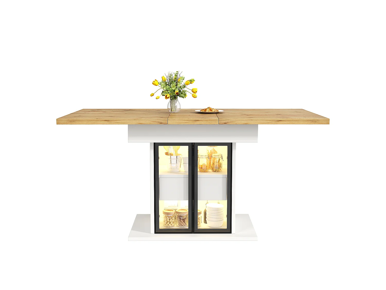 Table à Manger Extensible 110-140cm - Table avec Rangement, Éclairage LED RGB, Portes Coulissantes, Système Push-to-Open, Design Moderne - Blanc