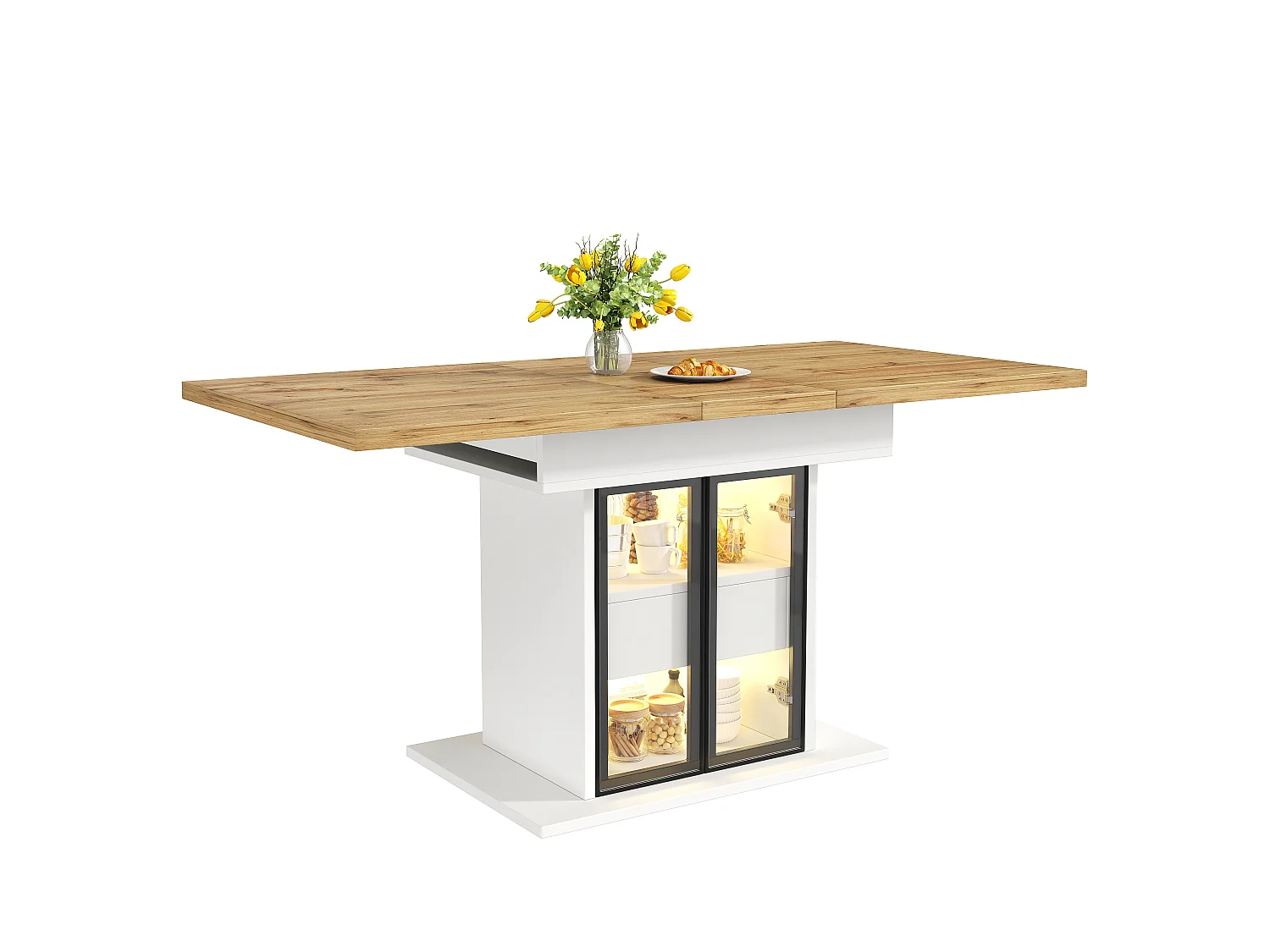 Table à Manger Extensible 110-140cm - Table avec Rangement, Éclairage LED RGB, Portes Coulissantes, Système Push-to-Open, Design Moderne - Blanc