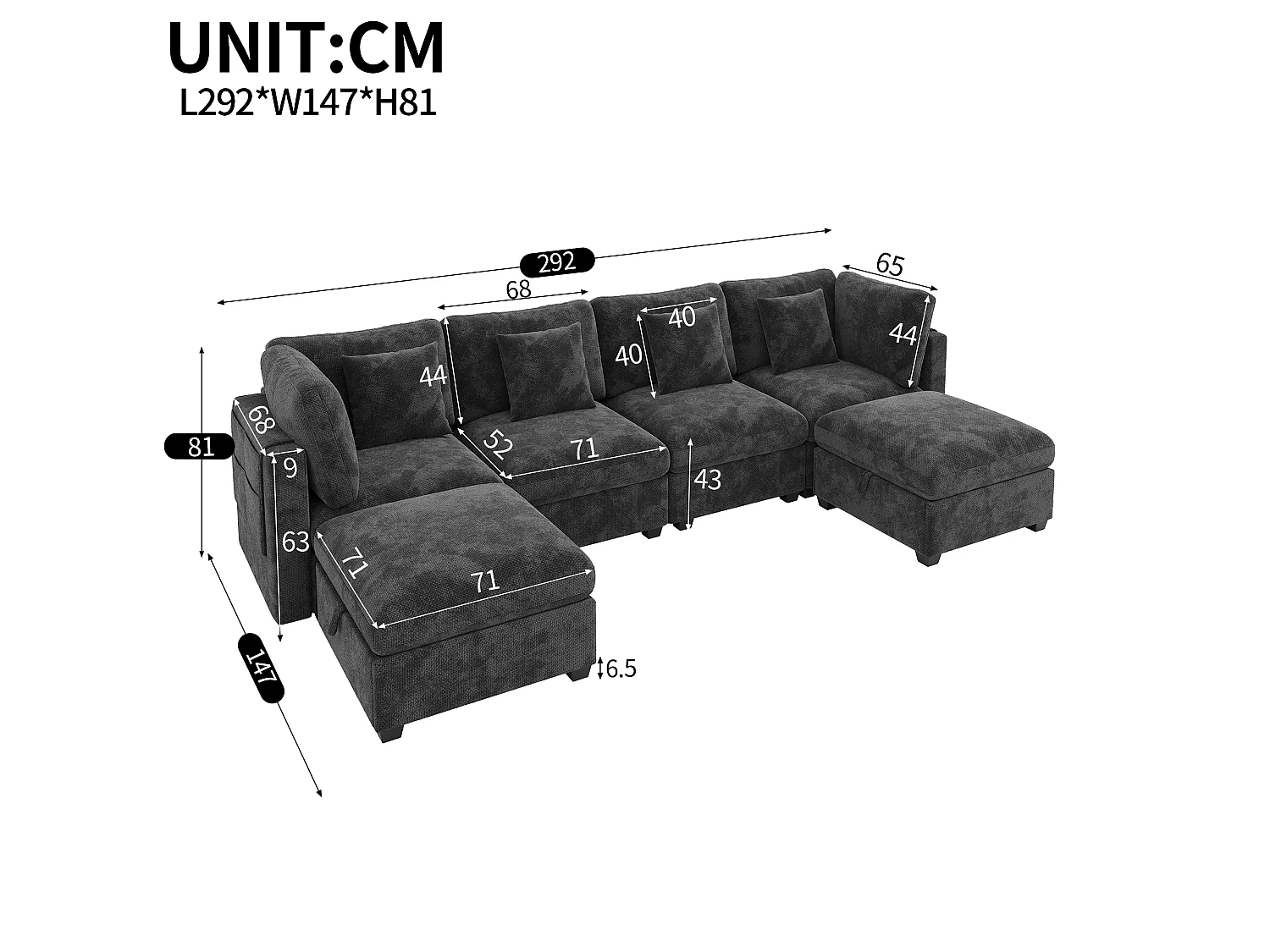 Canapé d'angle panoramique 6 places avec pouf en tissu gris