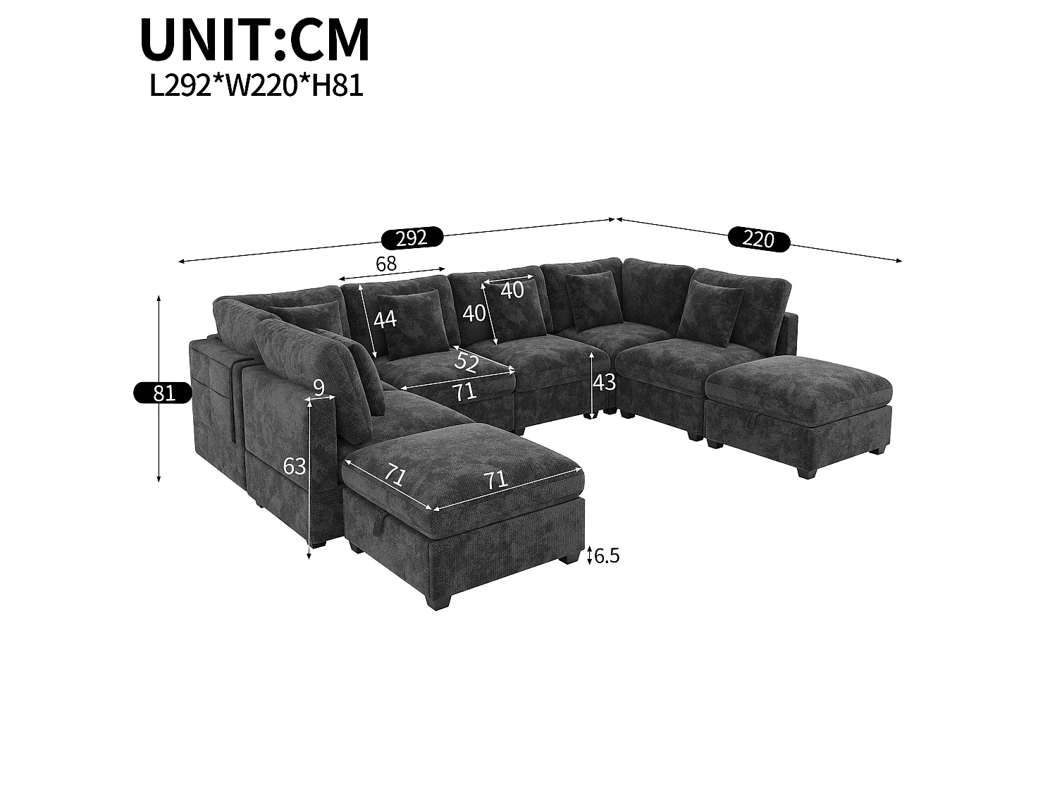Divano angolare a U - Divano modulabile 8 posti - con 2 pouf - Tasche laterali integrate nei braccioli - 6 cuscini inclusi - grigio