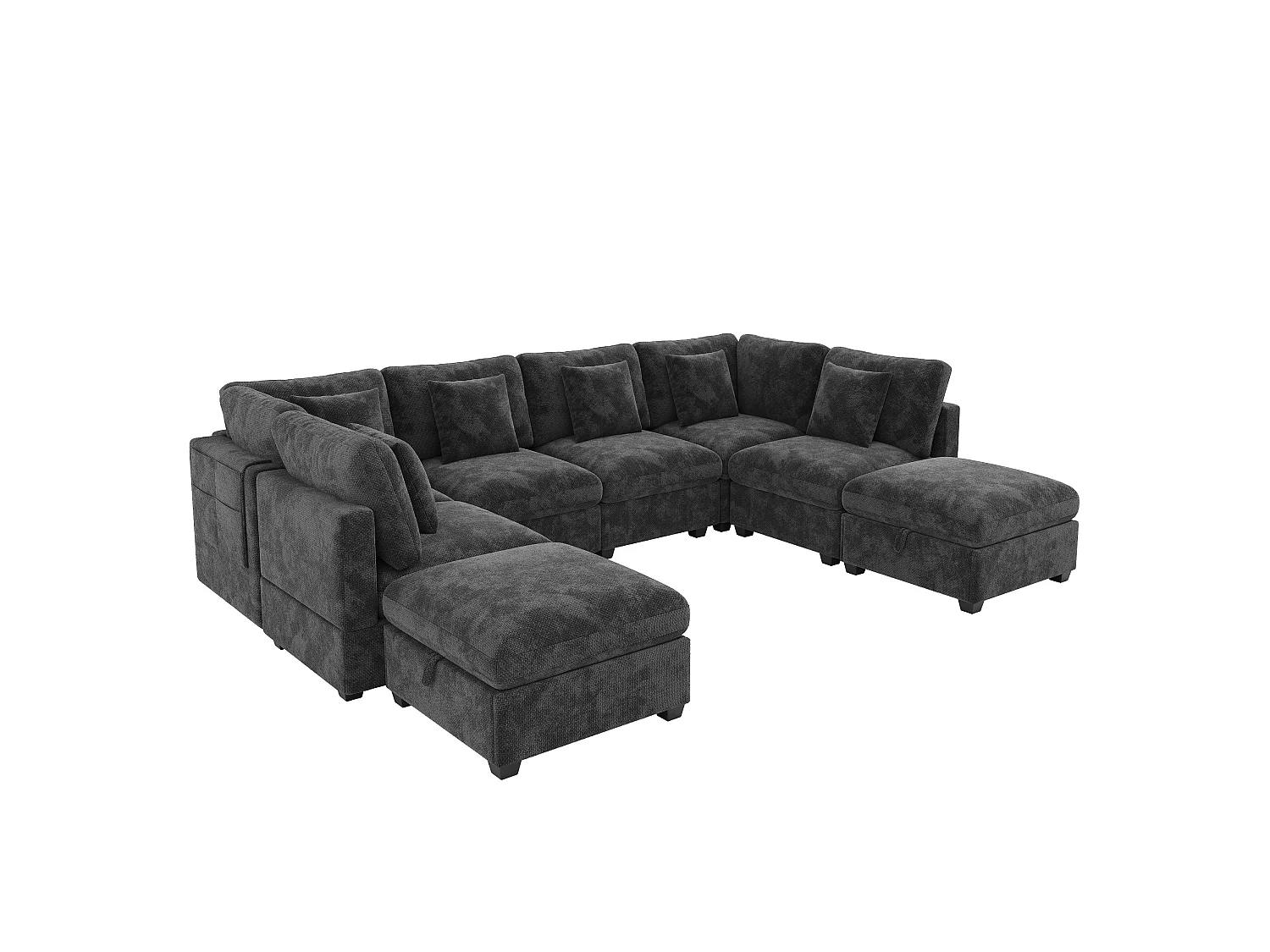 Divano angolare a U - Divano modulabile 8 posti - con 2 pouf - Tasche laterali integrate nei braccioli - 6 cuscini inclusi - grigio