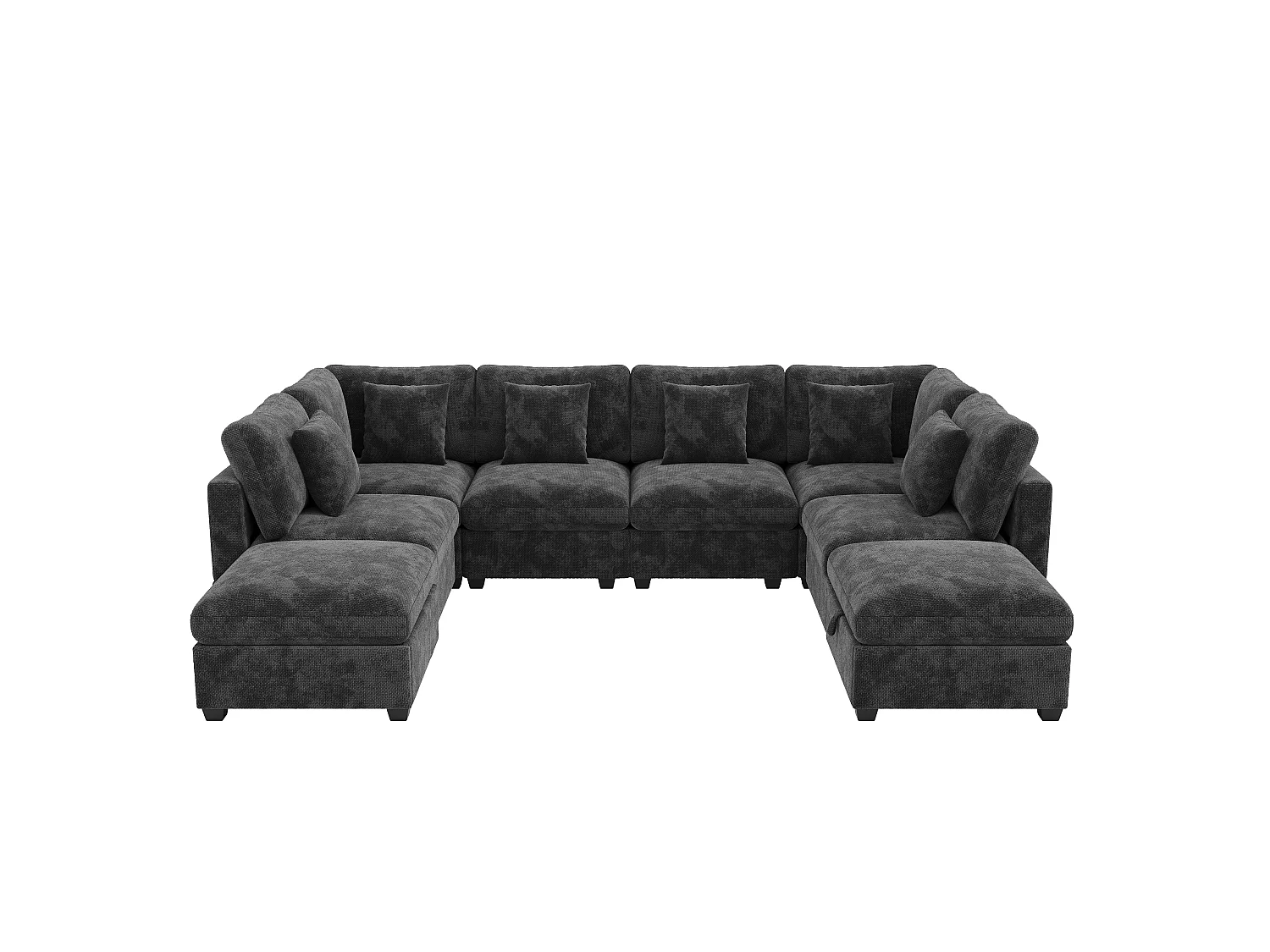 Divano angolare a U - Divano modulabile 8 posti - con 2 pouf - Tasche laterali integrate nei braccioli - 6 cuscini inclusi - grigio