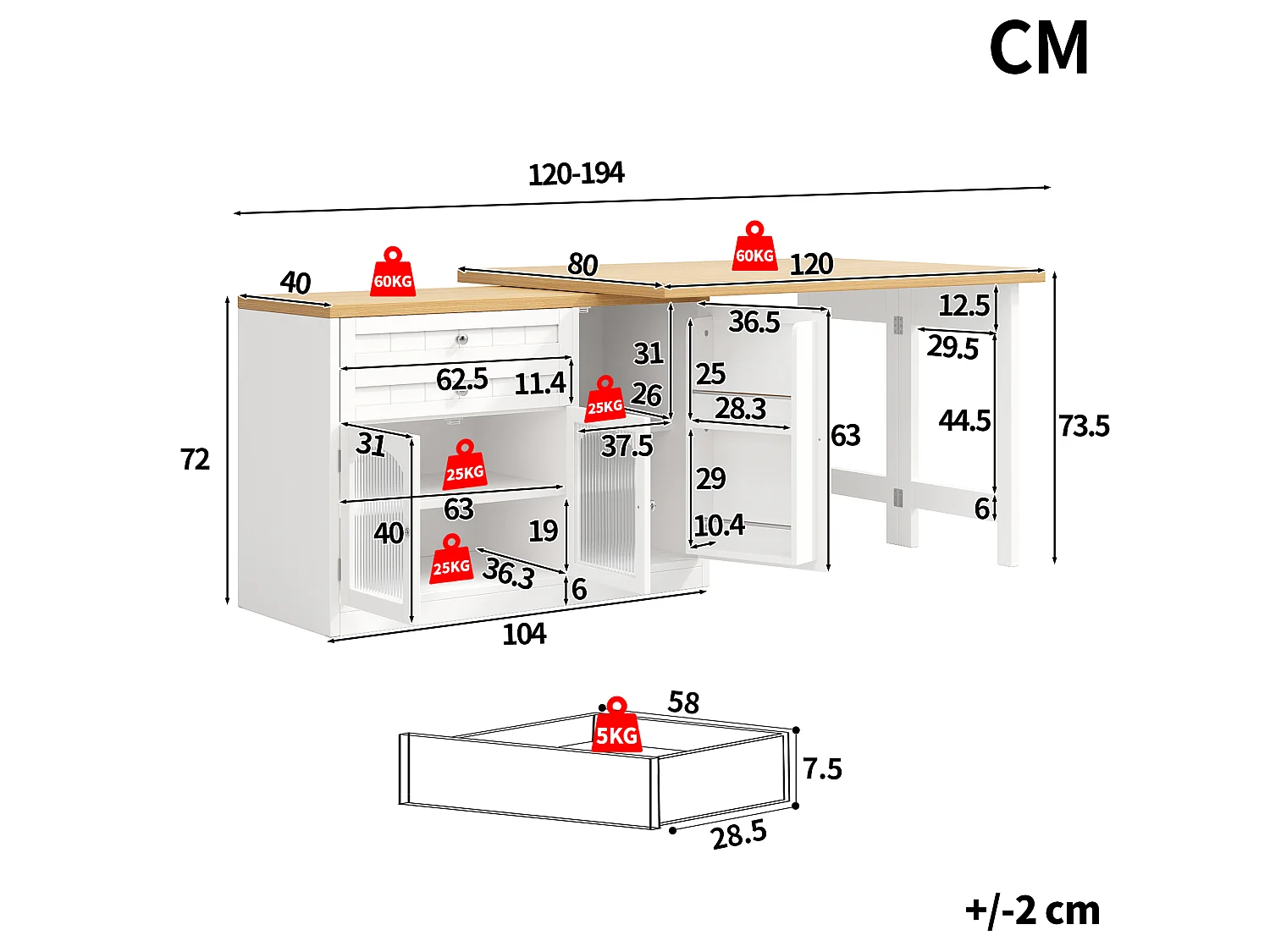 Centraal Kookeililand 120-194cm - Draaibare Eettafel 360°, Geïntegreerde Opbergruimte, Glazen Deuren, Modern Design - Wit