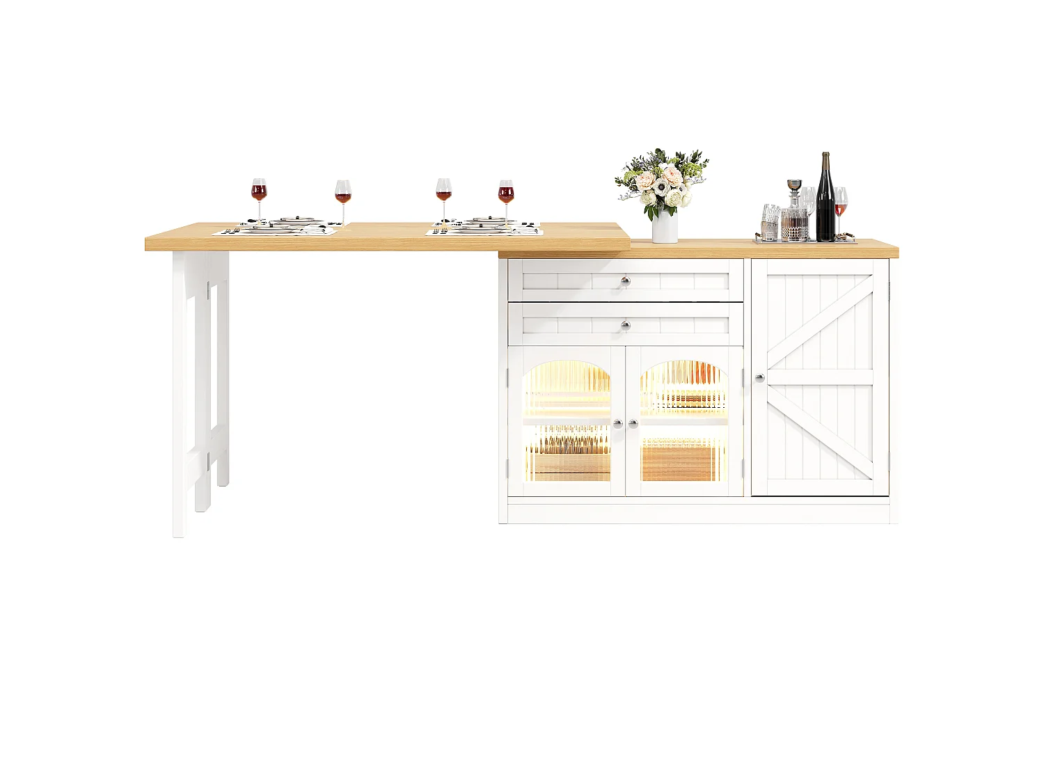 Centraal Kookeililand 120-194cm - Draaibare Eettafel 360°, Geïntegreerde Opbergruimte, Glazen Deuren, Modern Design - Wit