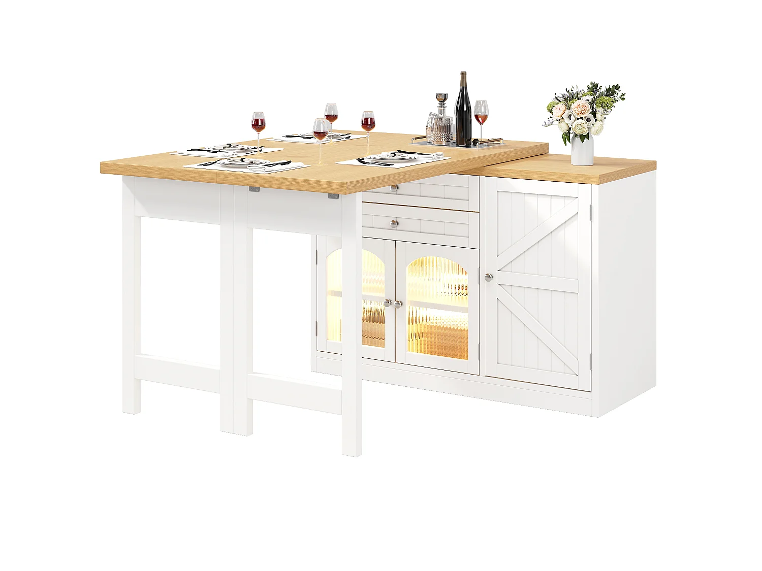 Centraal Kookeililand 120-194cm - Draaibare Eettafel 360°, Geïntegreerde Opbergruimte, Glazen Deuren, Modern Design - Wit