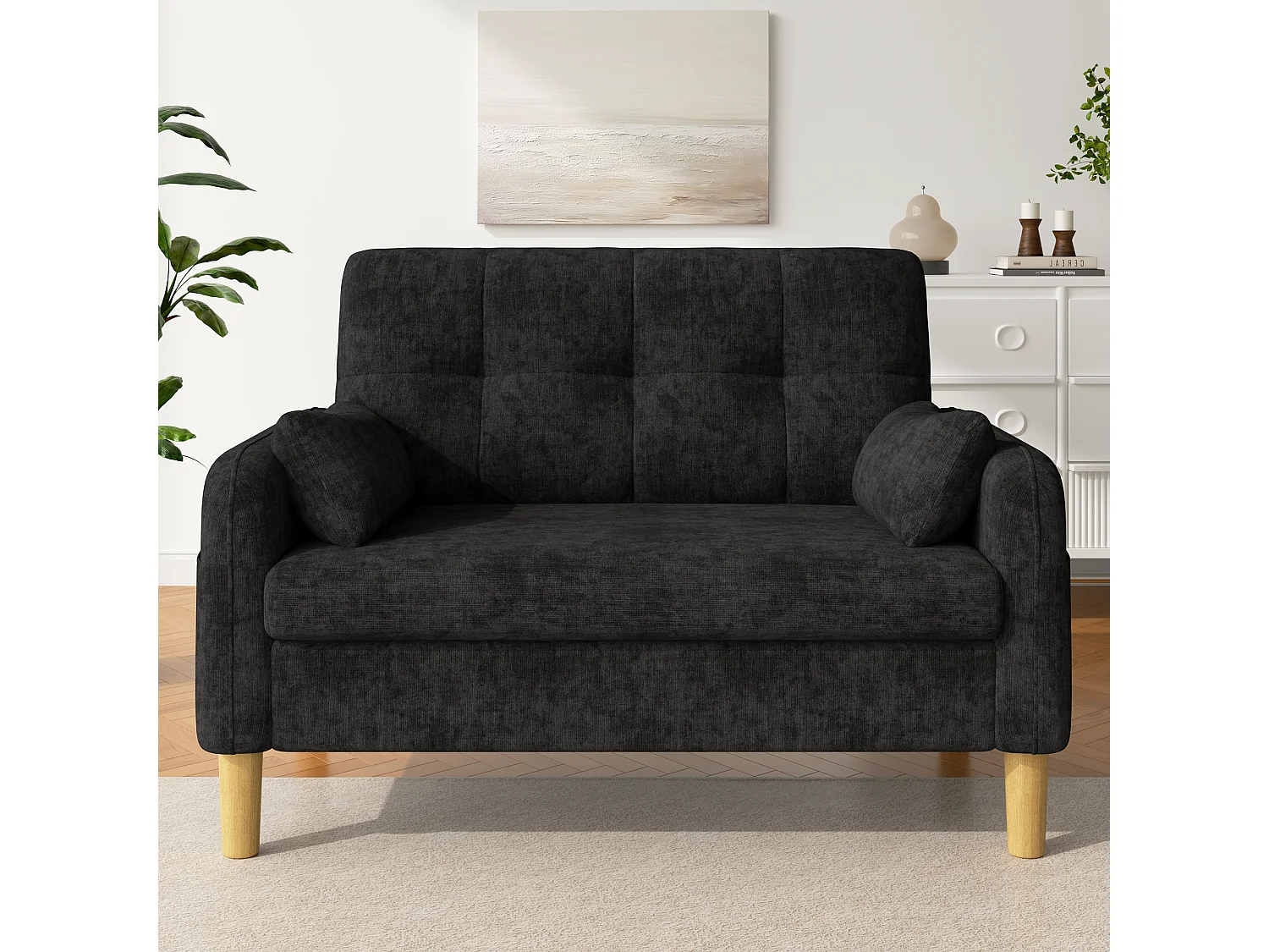 Modern soffa 2 platser – med 3 kuddar – med 1 sidoförvaringsficka – grå