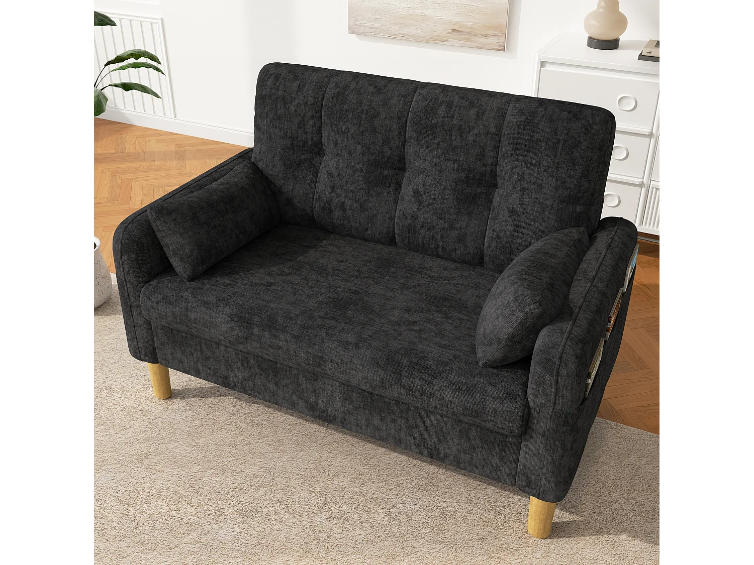 Modern soffa 2 platser – med 3 kuddar – med 1 sidoförvaringsficka – grå