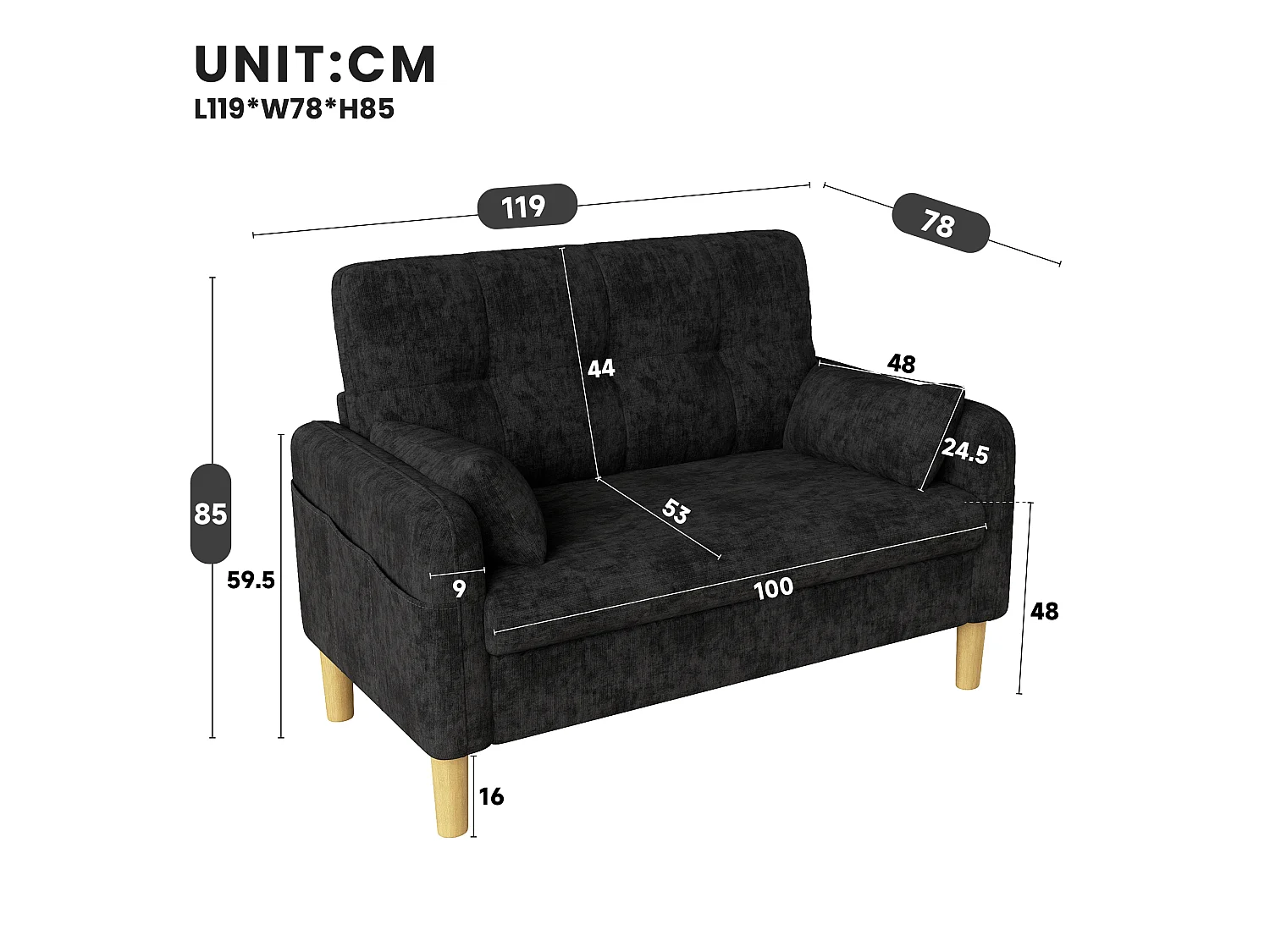Modern soffa 2 platser – med 3 kuddar – med 1 sidoförvaringsficka – grå