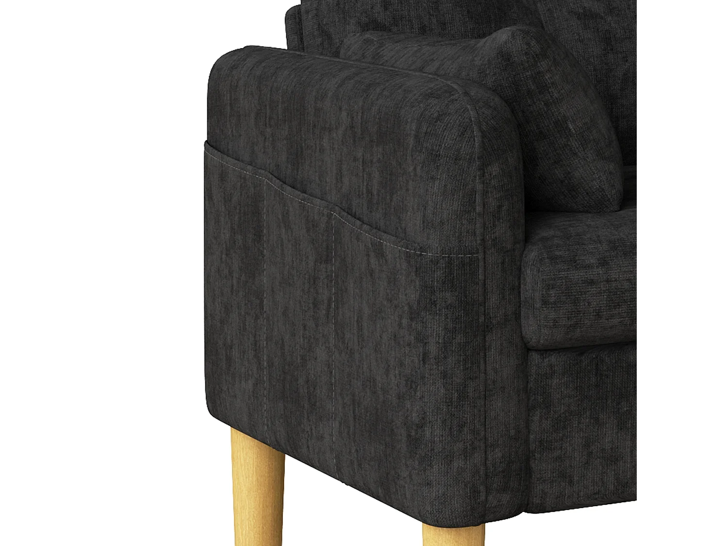 Modern soffa 2 platser – med 3 kuddar – med 1 sidoförvaringsficka – grå
