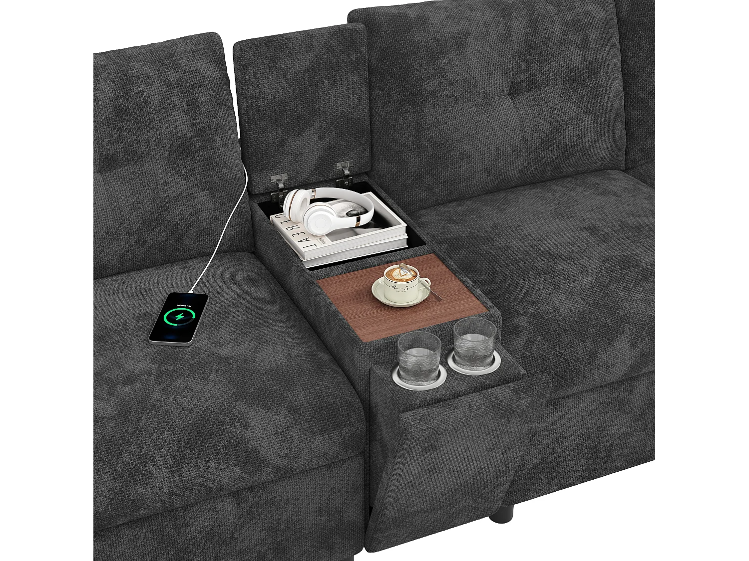 Hörnsoffa 6 platser i U/L-form - med 2 förvaringspuffar - hopfällbara förvaringsfack + utdragbara mugghållare - USB- och Type-C-portar - grå