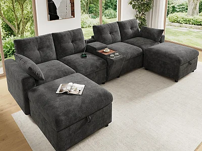Eckcouchgarnitur 6 Plätze in U/L-Form - mit 2 Hockern mit Stauraum - klappbare Staufächer + ausziehbare Getränkehalter - USB- und Typ-C-Anschlüsse - grau