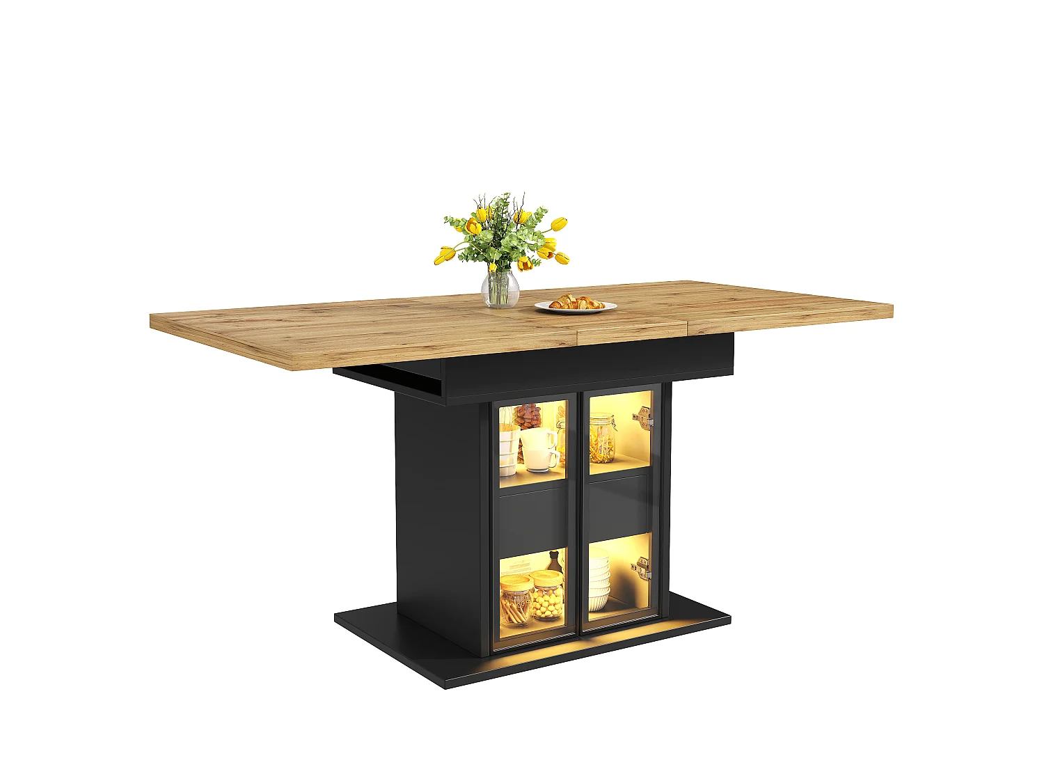Table à Manger Extensible 110-140cm - Table avec Rangement, Éclairage LED RGB, Portes Coulissantes, Système Push-to-Open, Design Moderne - Noir