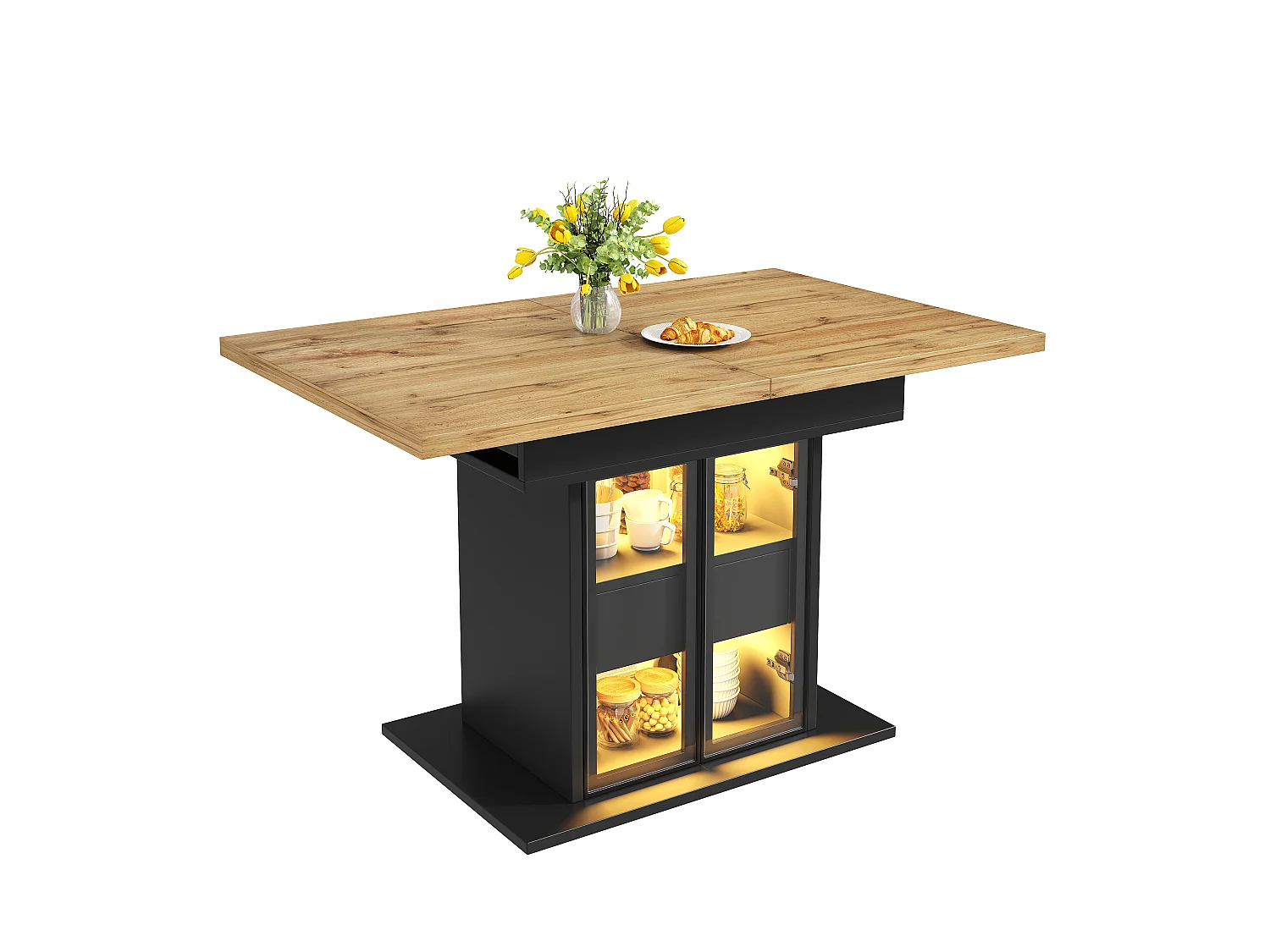 Table à Manger Extensible 110-140cm - Table avec Rangement, Éclairage LED RGB, Portes Coulissantes, Système Push-to-Open, Design Moderne - Noir