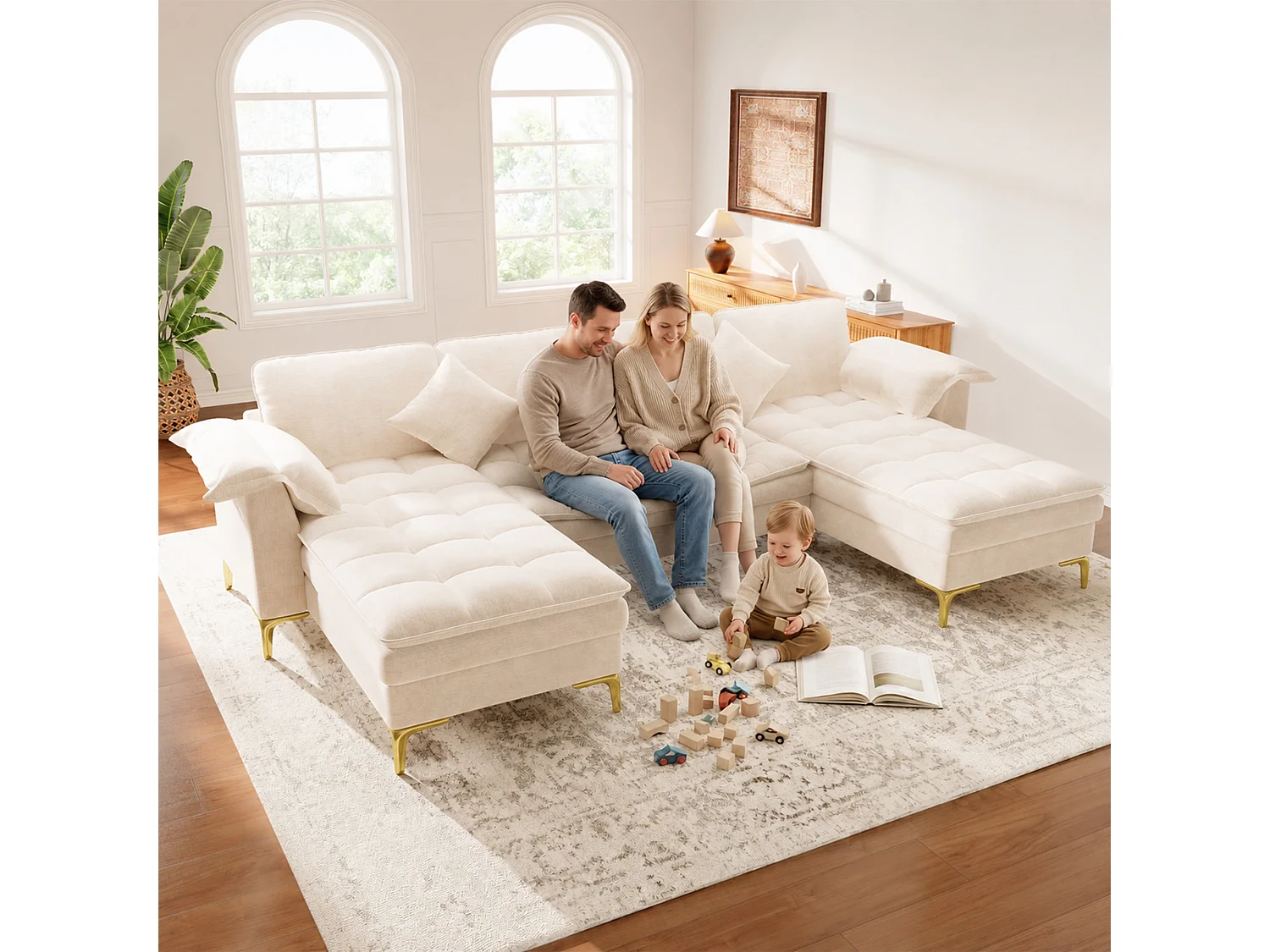 U-formad hörnsoffa - 4 platser - med 2 chaise longues - 2 kuddar - ben i guldmetall - beige
