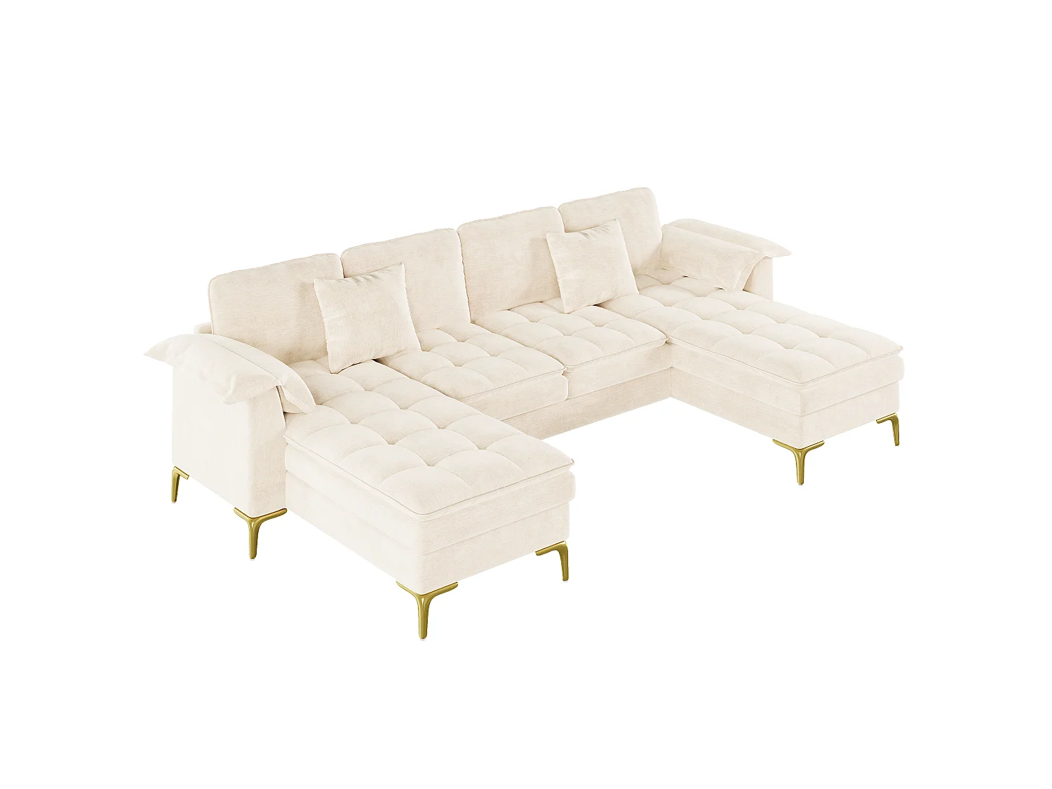 U-formad hörnsoffa - 4 platser - med 2 chaise longues - 2 kuddar - ben i guldmetall - beige