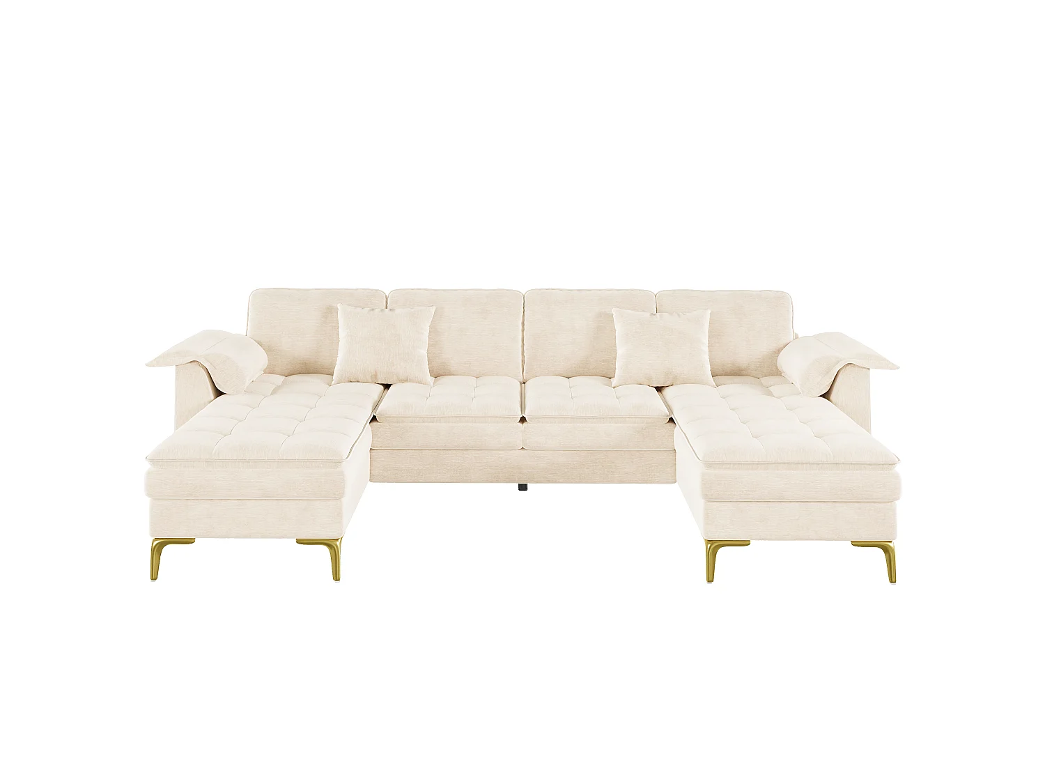 U-formad hörnsoffa - 4 platser - med 2 chaise longues - 2 kuddar - ben i guldmetall - beige