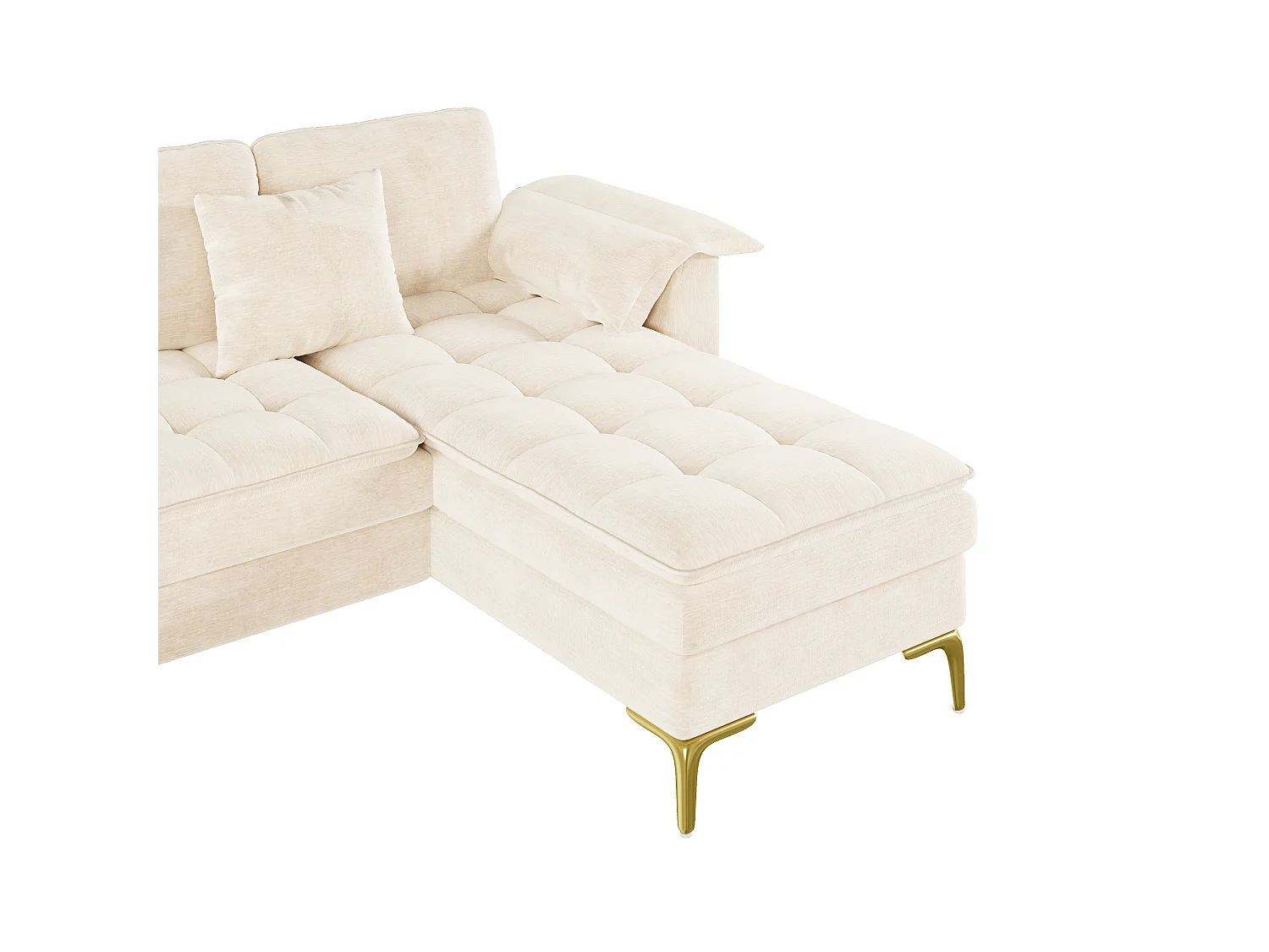U-formad hörnsoffa - 4 platser - med 2 chaise longues - 2 kuddar - ben i guldmetall - beige