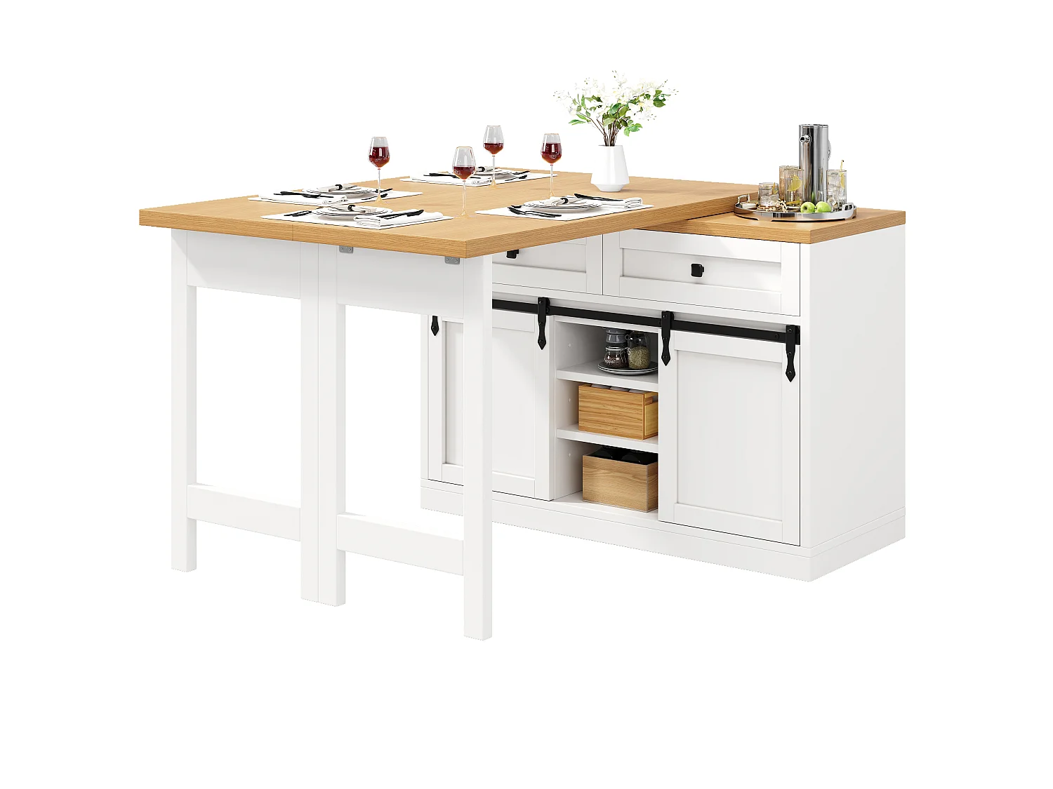 Ilot Central Cuisine 120-223cm - Table à Manger Pivotante 360°, Rangement Vin, Support Poubelle, Design Moderne - Blanc