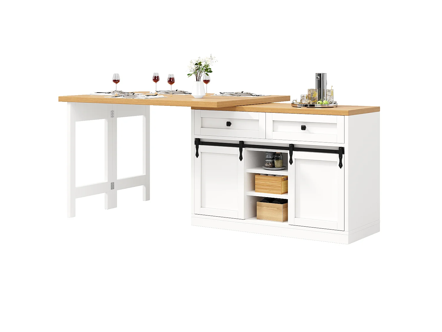 Ilot Central Cuisine 120-223cm - Table à Manger Pivotante 360°, Rangement Vin, Support Poubelle, Design Moderne - Blanc