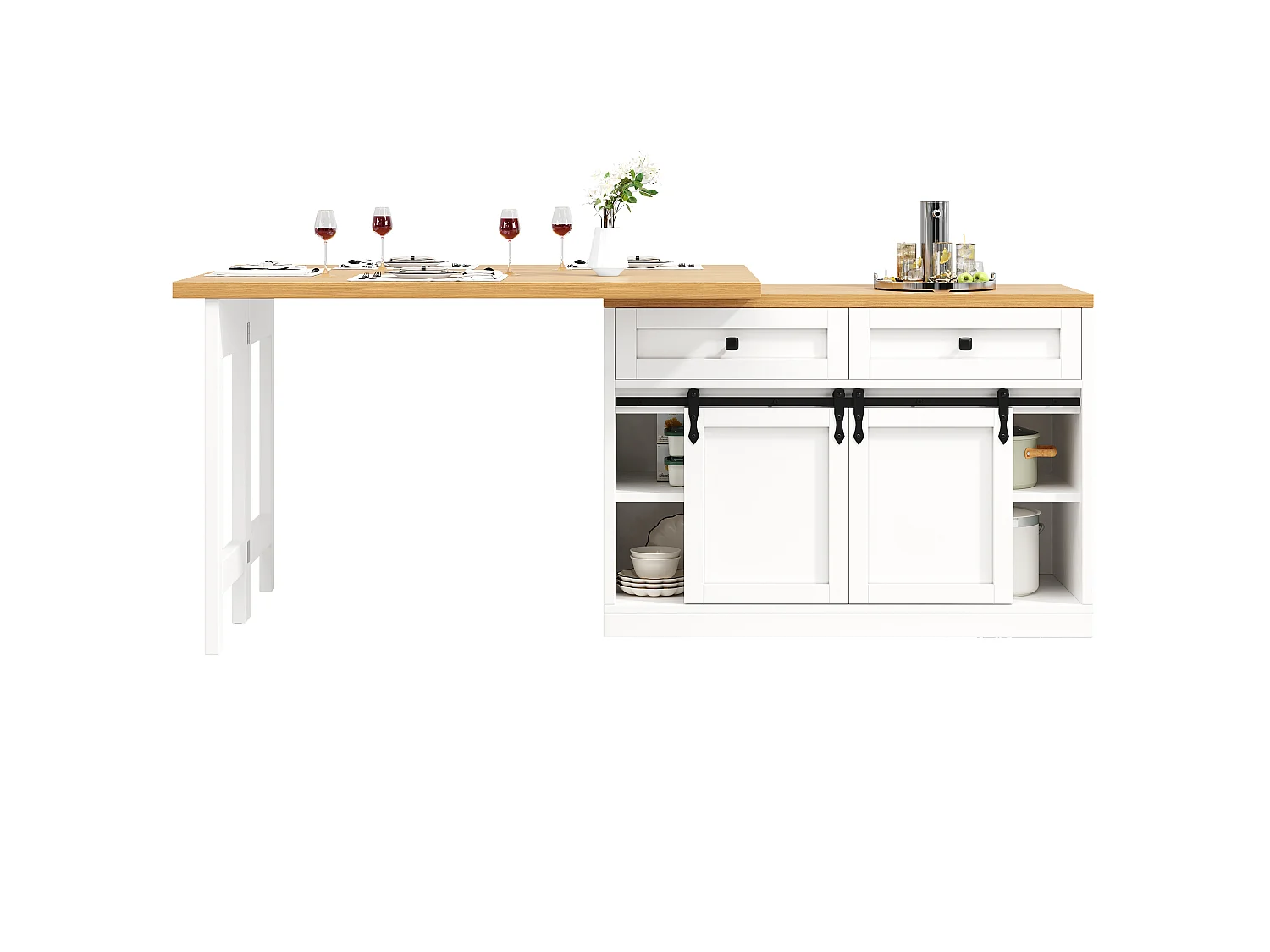 Ilot Central Cuisine 120-223cm - Table à Manger Pivotante 360°, Rangement Vin, Support Poubelle, Design Moderne - Blanc