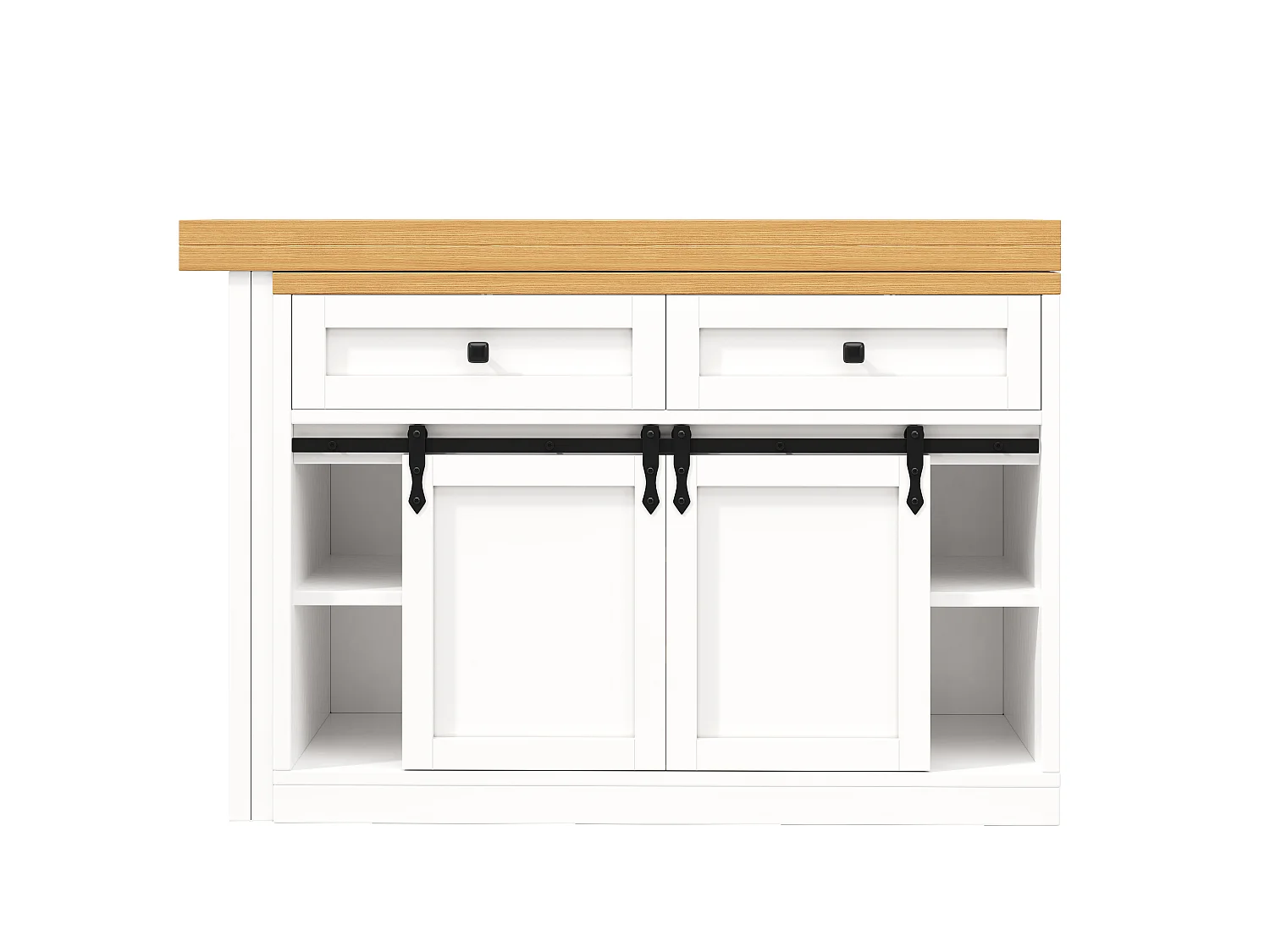 Ilot Central Cuisine 120-223cm - Table à Manger Pivotante 360°, Rangement Vin, Support Poubelle, Design Moderne - Blanc
