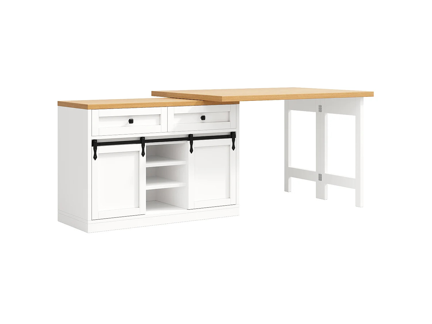 Ilot Central Cuisine 120-223cm - Table à Manger Pivotante 360°, Rangement Vin, Support Poubelle, Design Moderne - Blanc