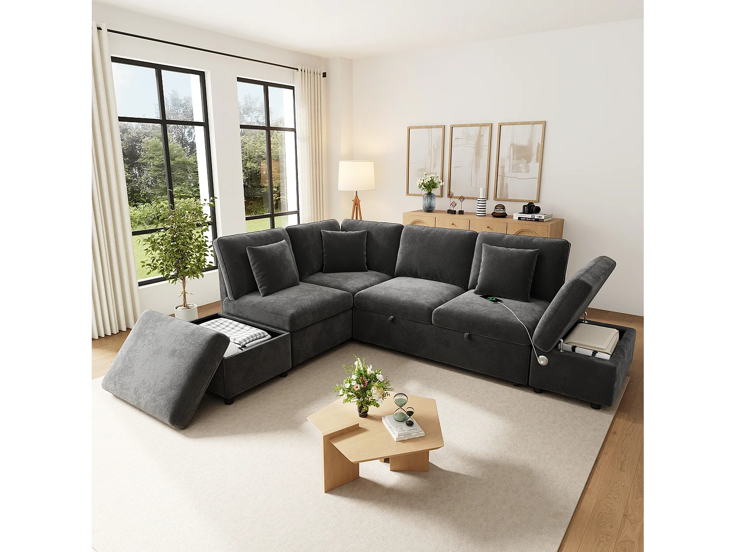 Canapé-lit modulable en L - 4 places - avec repose-pieds de rangement - avec interface USB/Type-C - avec 3 coussins - gris