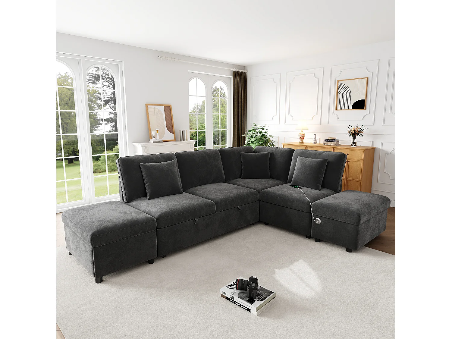 Canapé-lit modulable en L - 4 places - avec repose-pieds de rangement - avec interface USB/Type-C - avec 3 coussins - gris