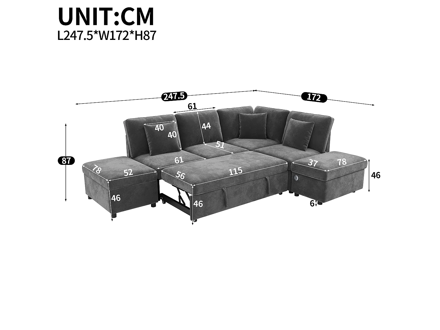 Canapé-lit modulable en L - 4 places - avec repose-pieds de rangement - avec interface USB/Type-C - avec 3 coussins - gris