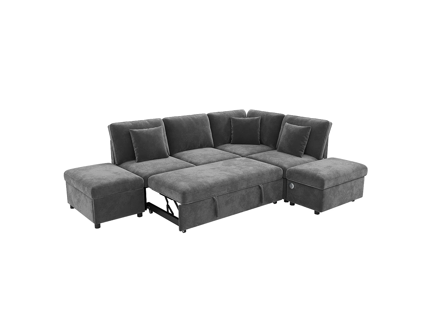 Canapé-lit modulable en L - 4 places - avec repose-pieds de rangement - avec interface USB/Type-C - avec 3 coussins - gris