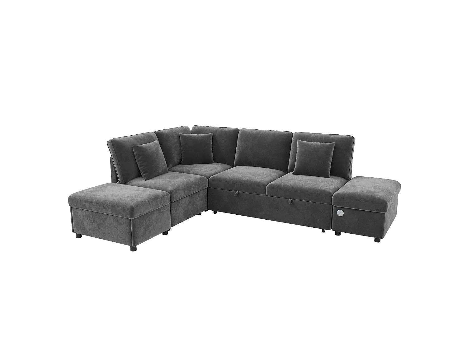 Canapé-lit modulable en L - 4 places - avec repose-pieds de rangement - avec interface USB/Type-C - avec 3 coussins - gris