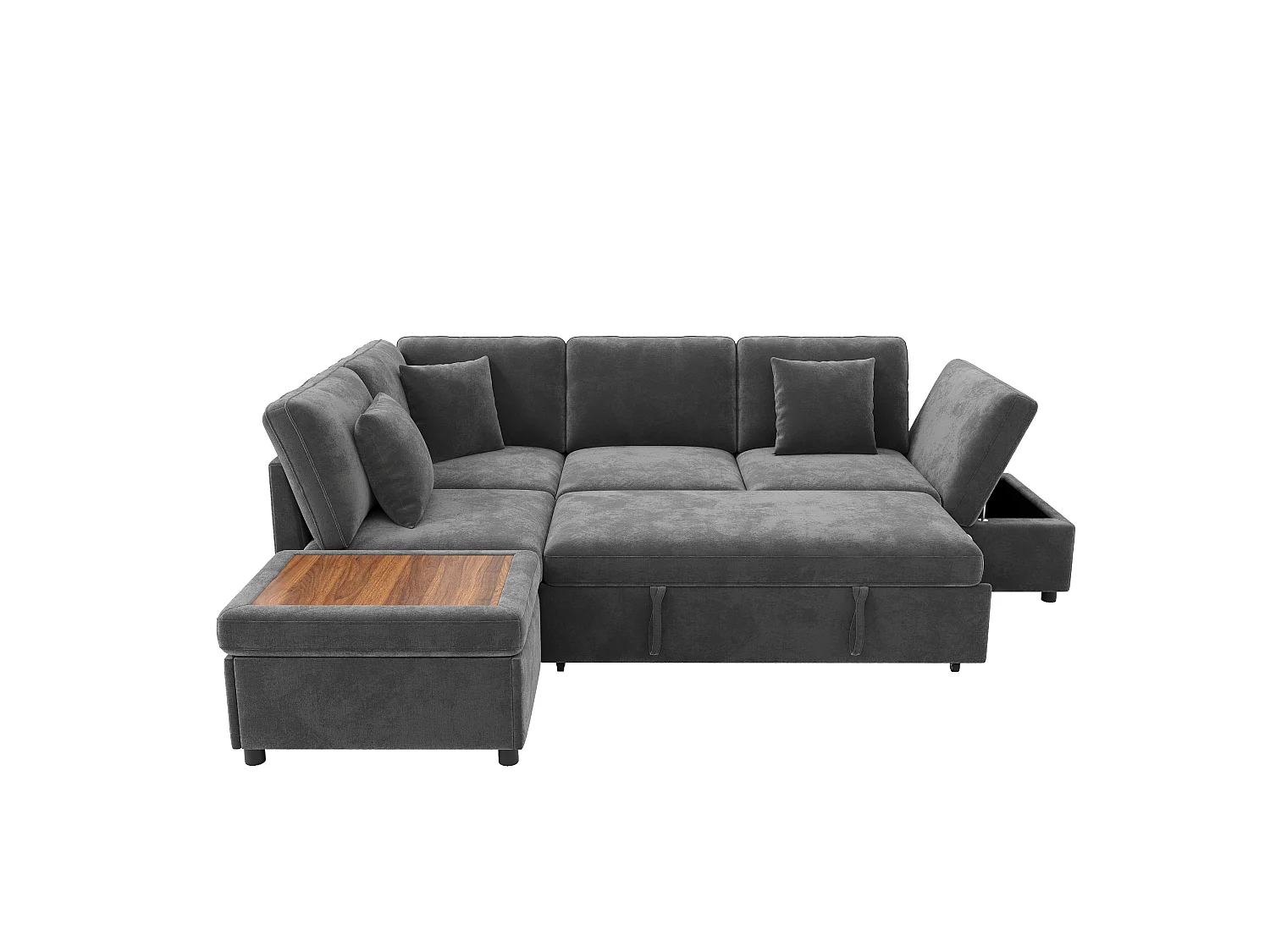 Canapé-lit modulable en L - 4 places - avec repose-pieds de rangement - avec interface USB/Type-C - avec 3 coussins - gris