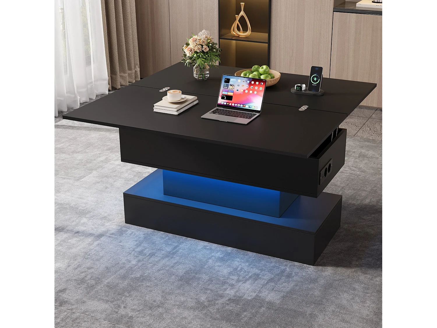 Table basse relevable 100 x 50 x 51,5 cm - Avec ports USB et Type-C - Avec éclairage LED - Noir