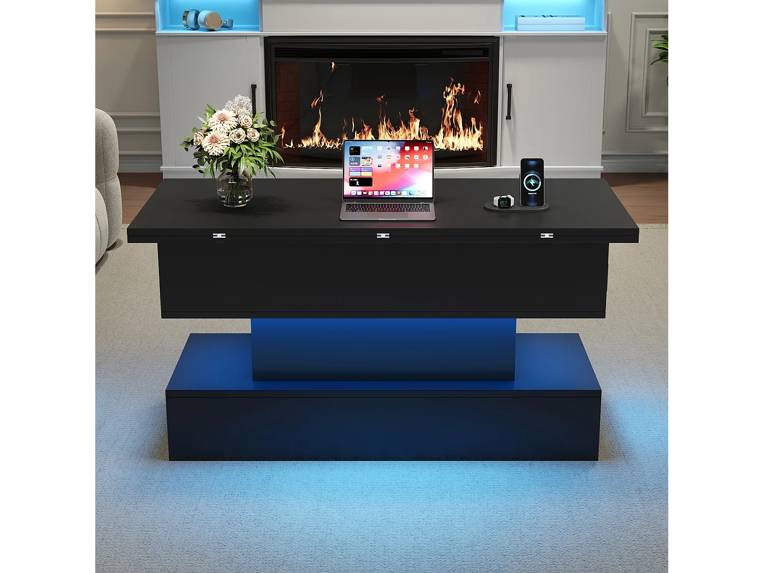 Table basse relevable 100 x 50 x 51,5 cm - Avec ports USB et Type-C - Avec éclairage LED - Noir