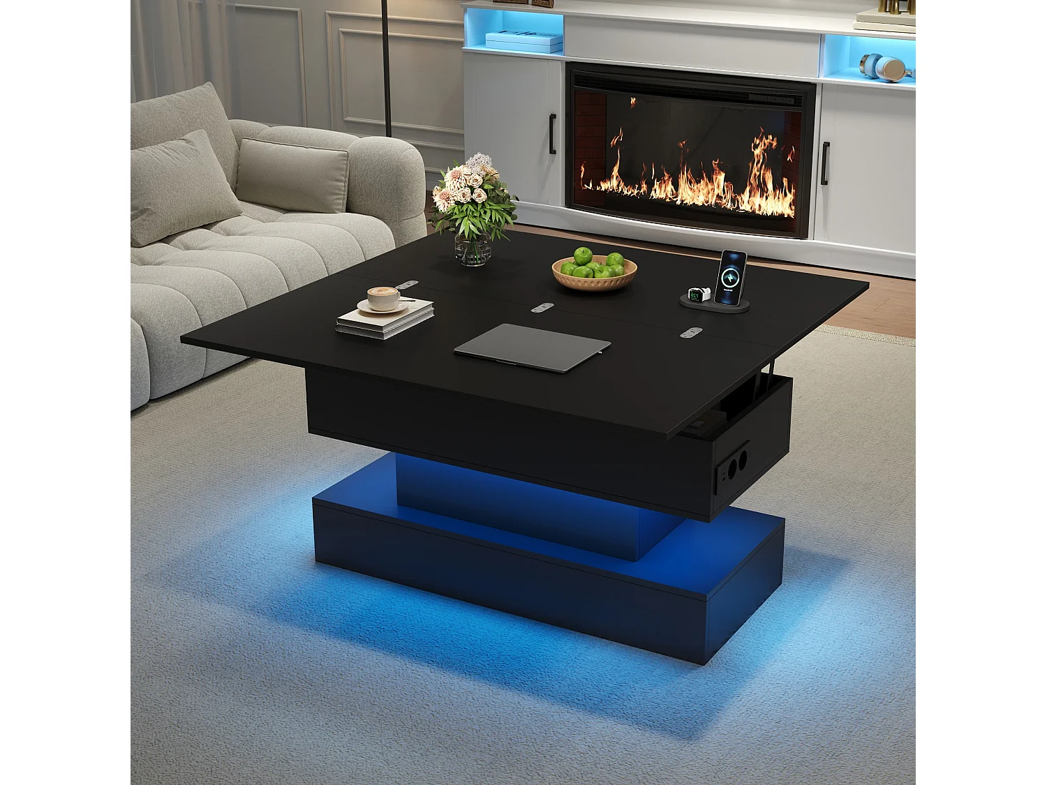 Table basse relevable 100 x 50 x 51,5 cm - Avec ports USB et Type-C - Avec éclairage LED - Noir