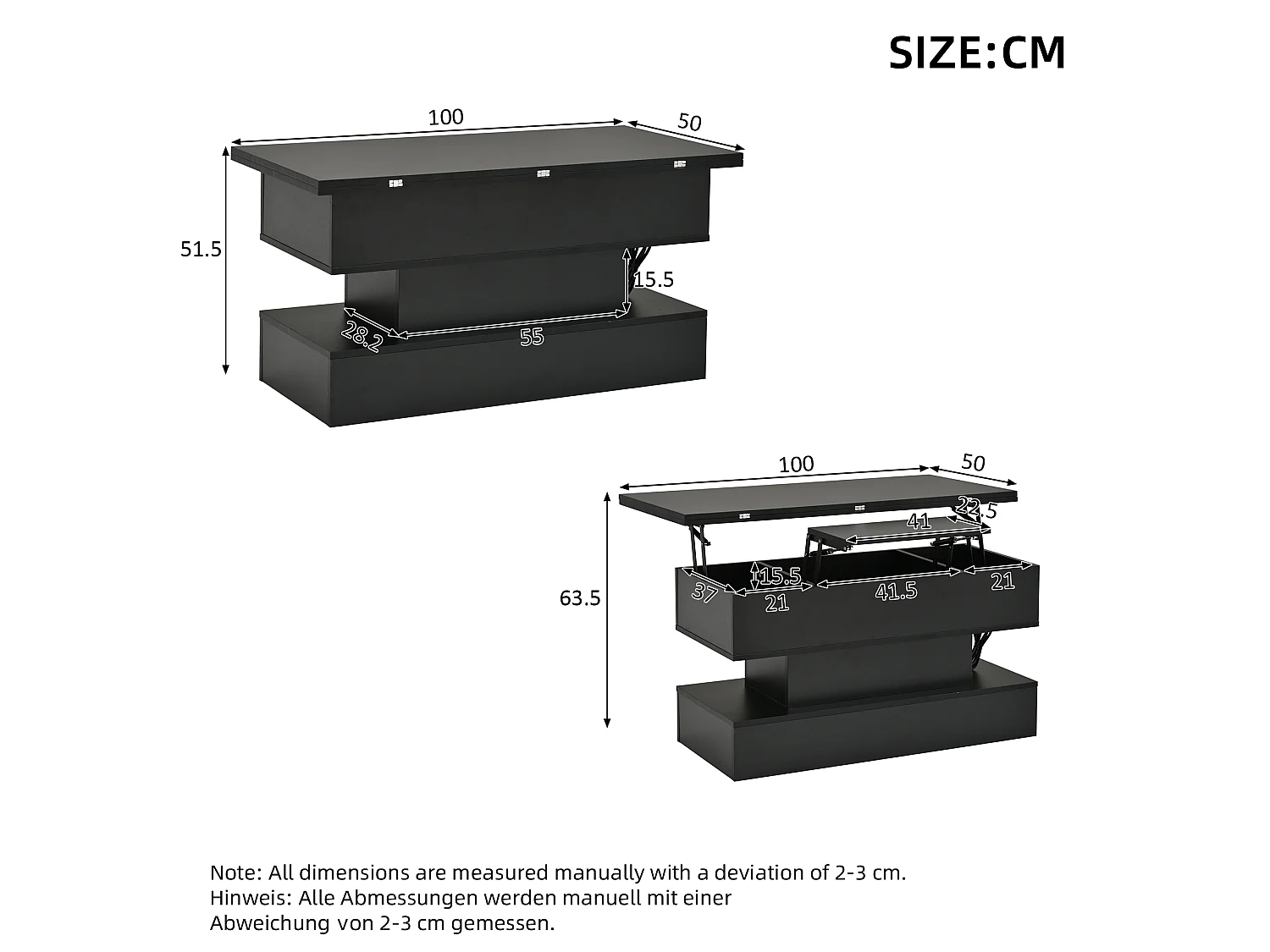Table basse relevable 100 x 50 x 51,5 cm - Avec ports USB et Type-C - Avec éclairage LED - Noir