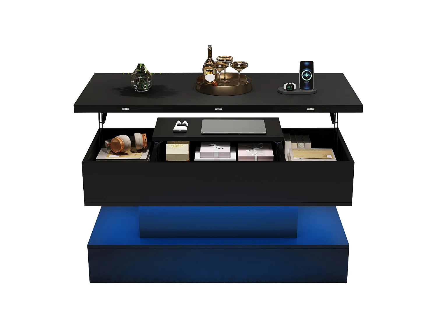 Table basse relevable 100 x 50 x 51,5 cm - Avec ports USB et Type-C - Avec éclairage LED - Noir