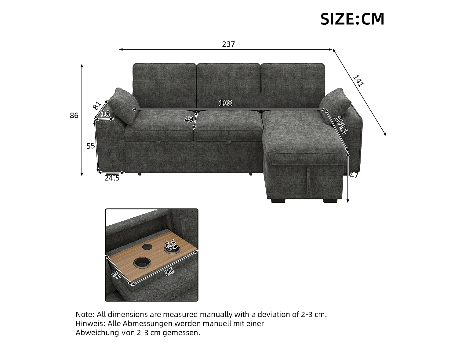 Hörnsoffa Bäddbar 3 Platser 212x150cm - Fällbart Bord med Mugghållare & USB-port, Chenilletyg Mörkgrå