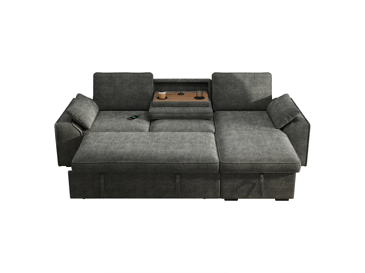 Hörnsoffa Bäddbar 3 Platser 212x150cm - Fällbart Bord med Mugghållare & USB-port, Chenilletyg Mörkgrå